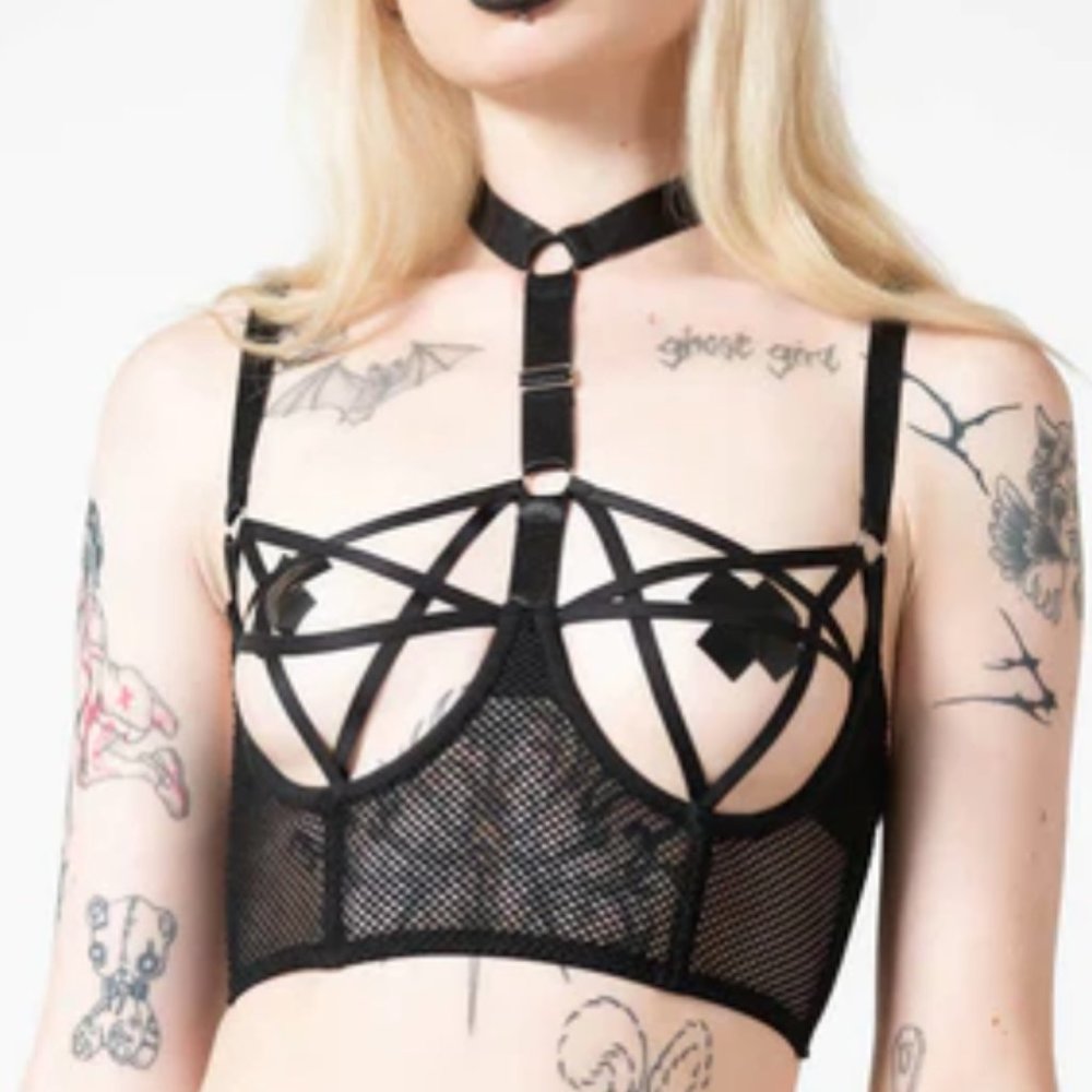 Killstar Sexy Black Fishnet Casting Underwire Choker Bra XXL NWT